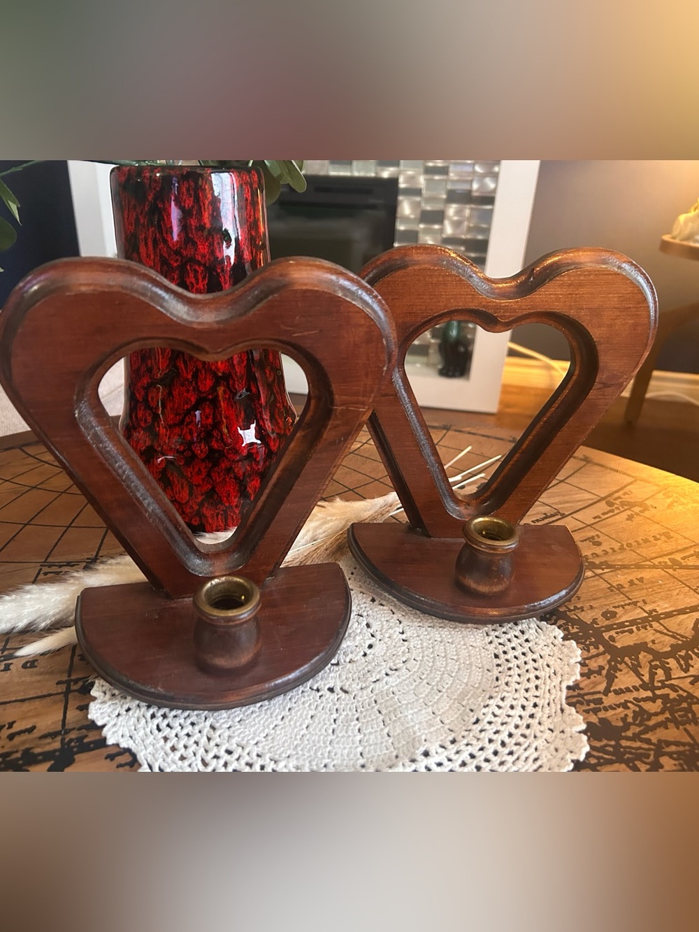Vintage Wooden Heart Wall Candle Sconces Pair Cottagecore Country Decor